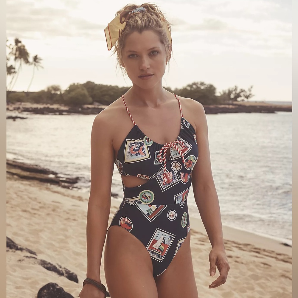 Anthropologie Black Patterned One Piece Swimsuit